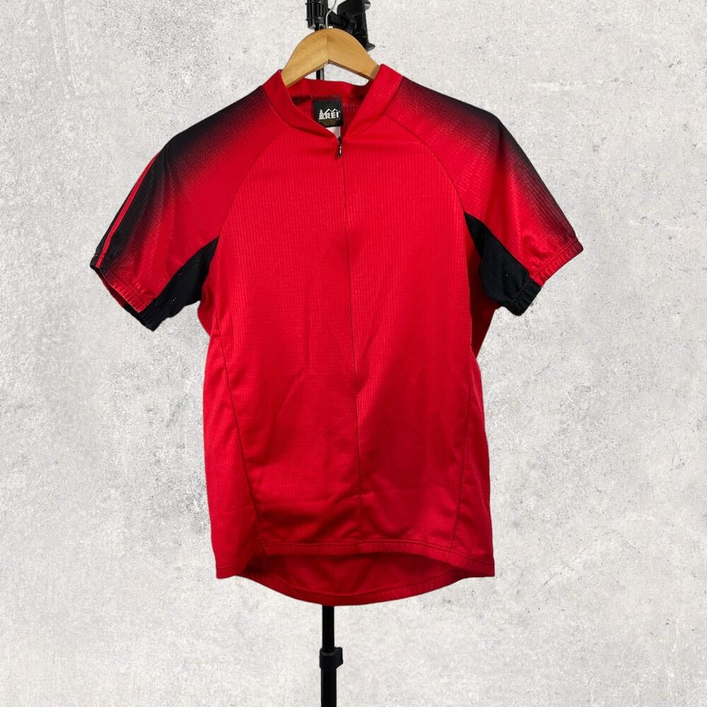 REI Mens Red Black Polyester Short Sleeve Cycling Jersey‎ 3/4 Zip Size L